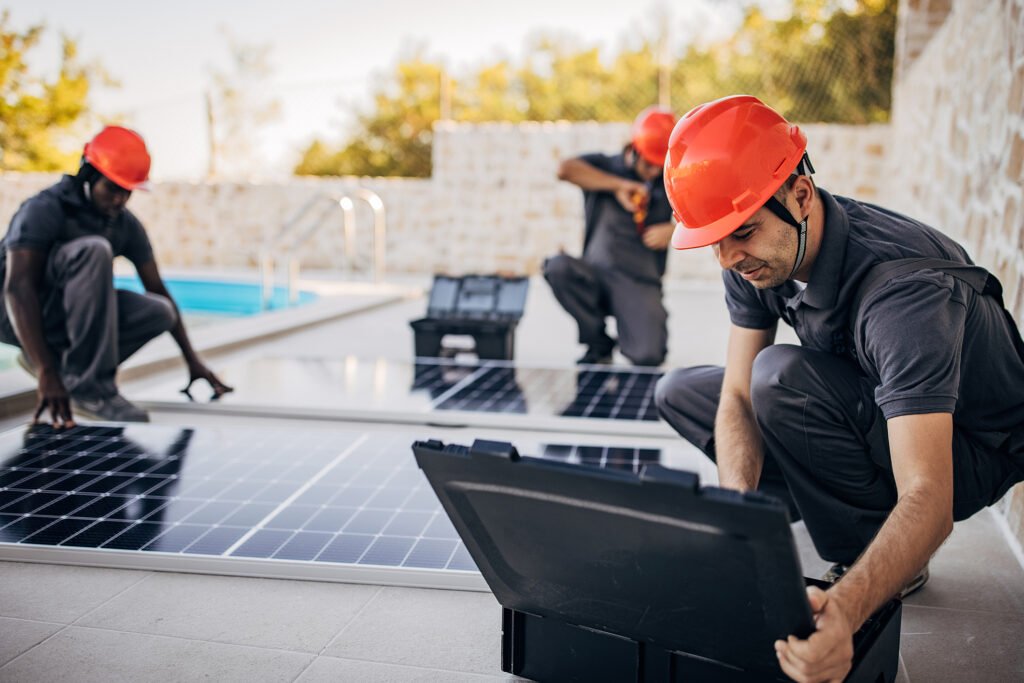 Três homens com capacetes de proteção se preparando para instalar painéis solares