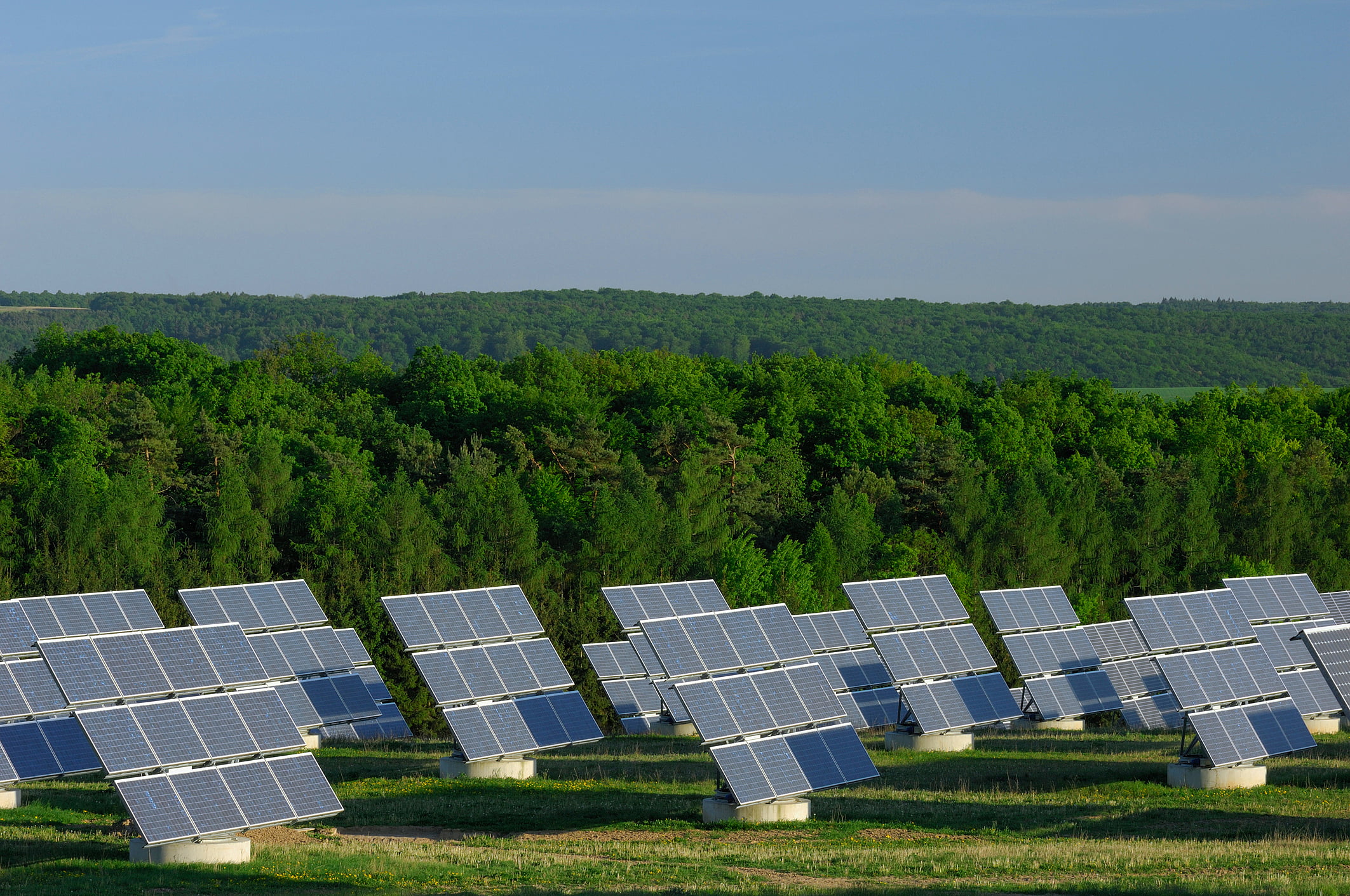 Usina solar com diversos painéis fotovoltaicos instalados no solo