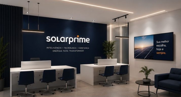 Simulação ilustrativa do padrão visual Prime Store: área de atendimento de loja Solarprime com mesas e painel de TV