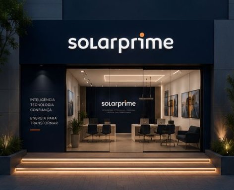 Simulação ilustrativa do padrão visual Prime Store: fachada de loja Solarprime com letreiro iluminado