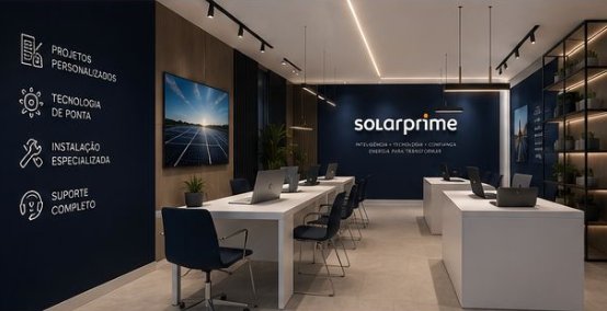 Simulação ilustrativa do padrão visual Prime Store: loja Solarprime com estações de atendimento e painel com os serviços da rede